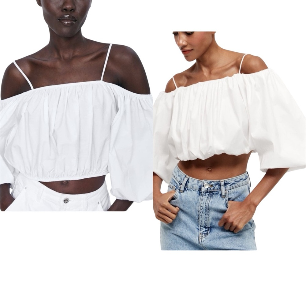 ZARA OFF THE SHOULDER TOP WITH BALLOON SLEEVES IN WHITE SZ M